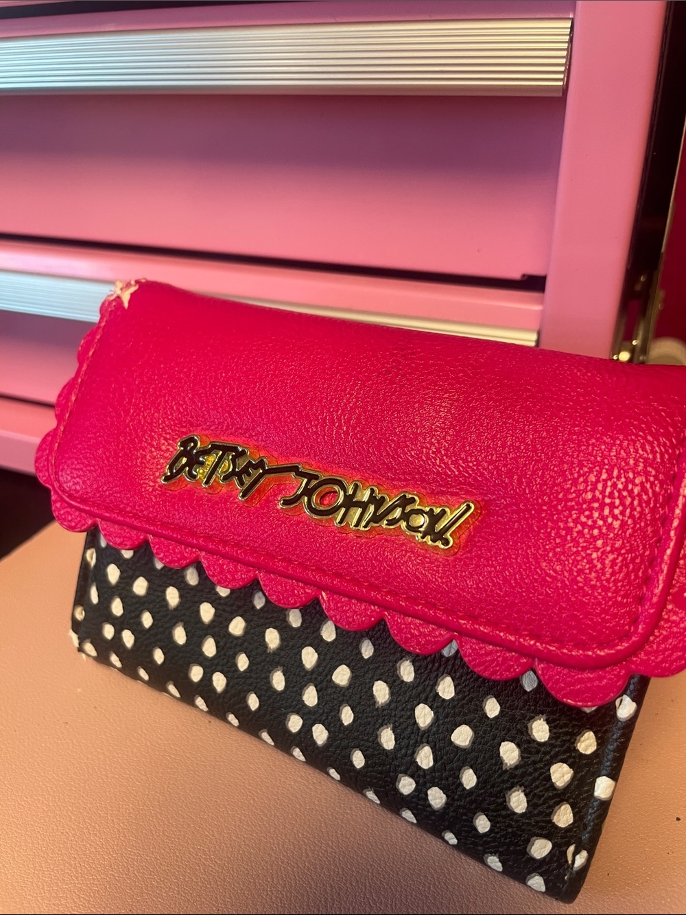 Betsey Johnson Pink & Black Polka Dot Scallop Flap Wallet